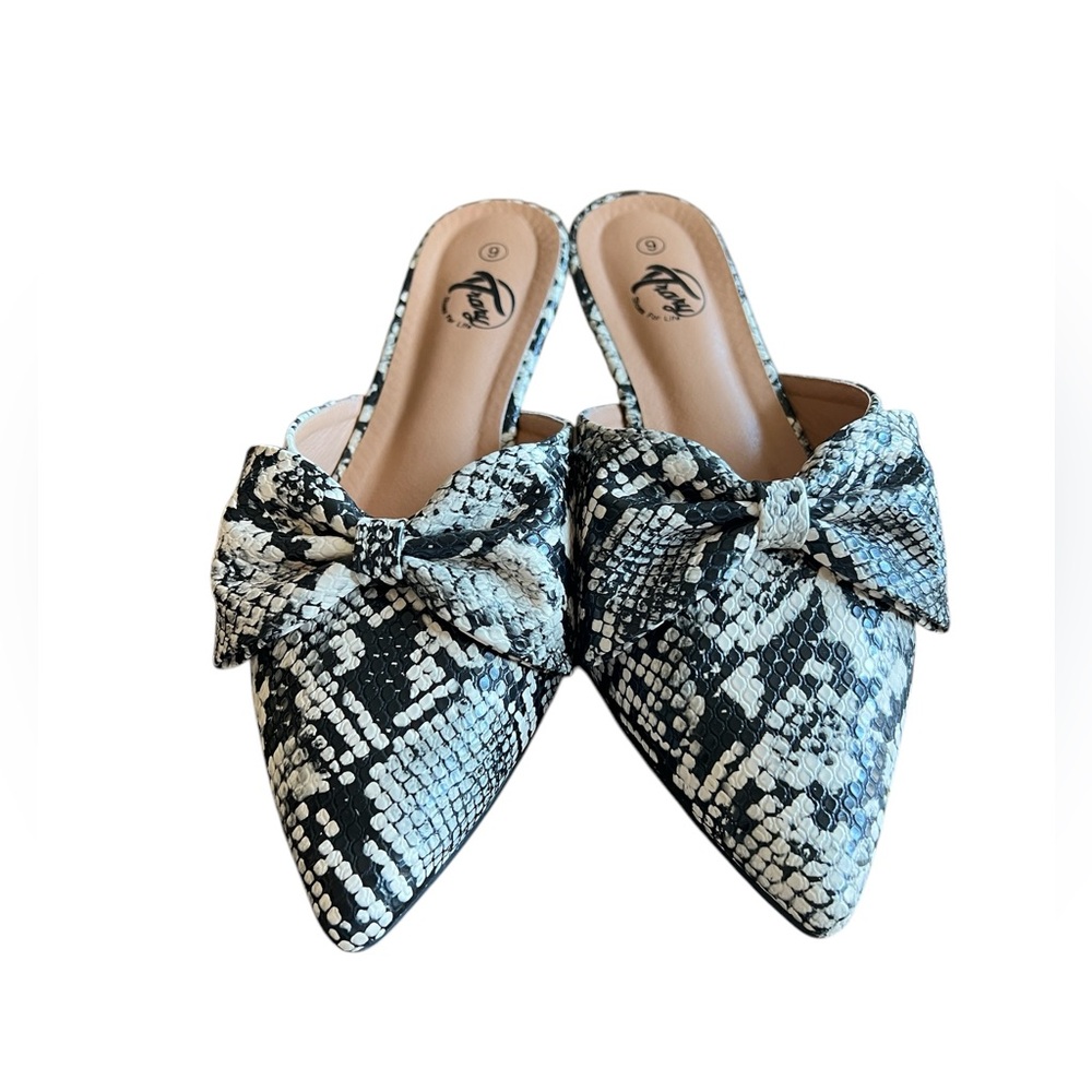 TRARY Snake Print Bow Mules